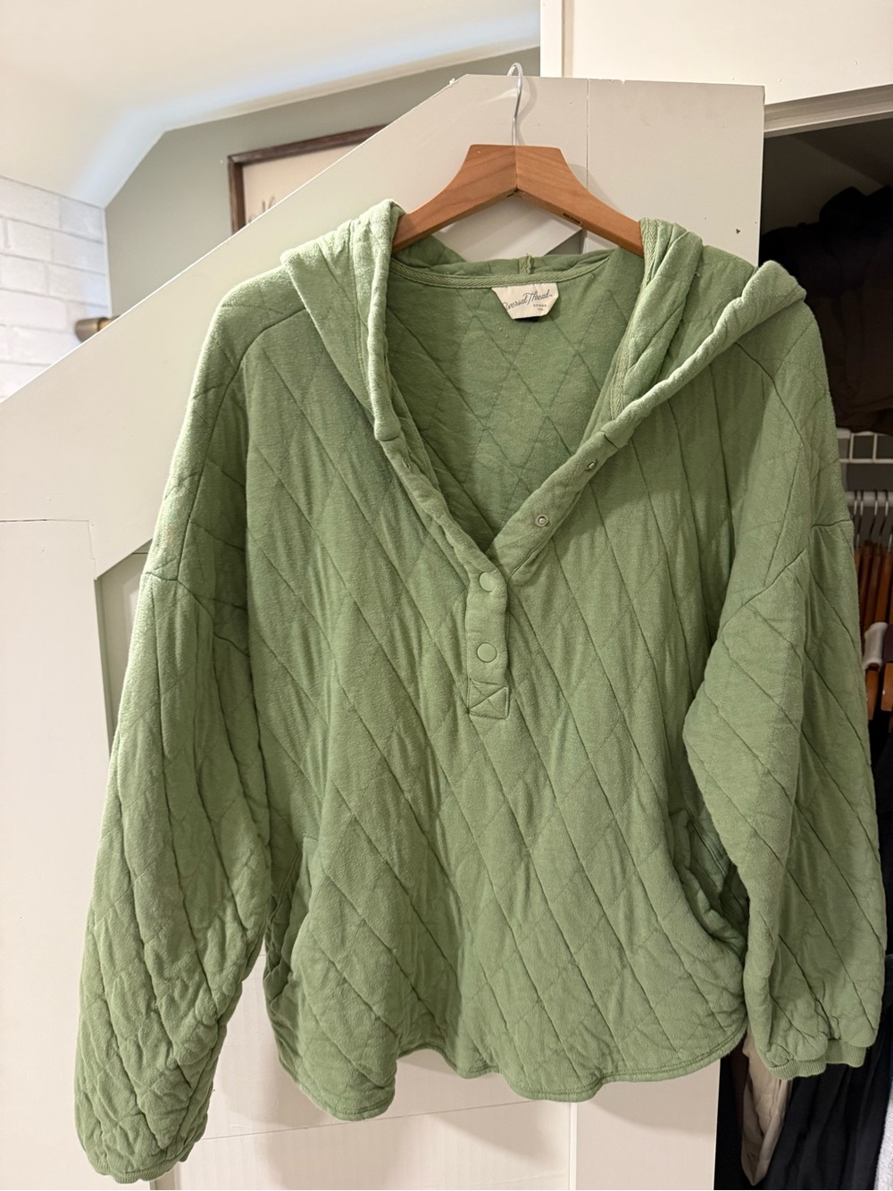 Cozy Quilted Hooded Pullover Sweater - Light Green (free people look alike)